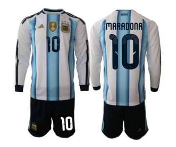 Men's Argentina #10 MARADONA Long Sleeve National Team FIFA x World Cup 2026 Home White On Field Jersey