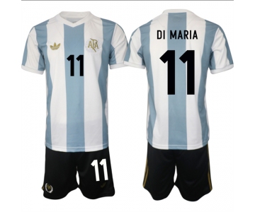 Men's Argentina #11 Angel Fabian Di María White Blue 2024-25 50th Anniversary Home Soccer Jersey Suit
