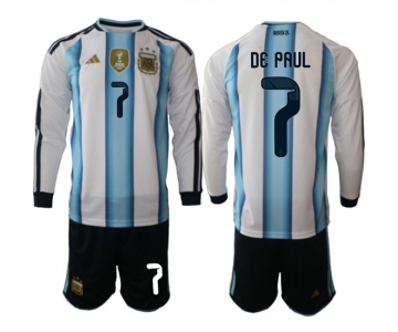 Men's Argentina #7 DE PAUL Long Sleeve National Team FIFA x World Cup 2026 Home White On Field Jersey