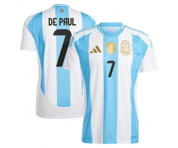 Men's Argentina #7 Rodrigo De Paul 2024 White Home Soccer Jersey