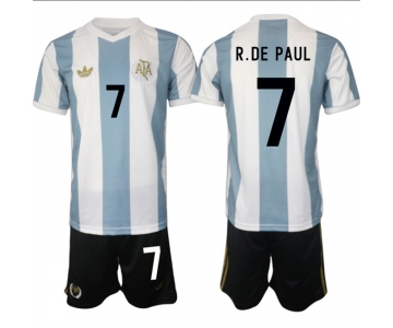 Men's Argentina #7 Rodrigo Javier De Paul White Blue 2024-25 50th Anniversary Home Soccer Jersey Suit