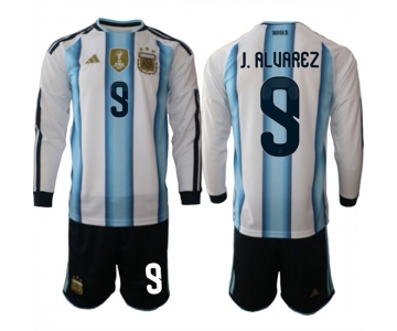 Men's Argentina #9 J.ALUAREZ Long Sleeve National Team FIFA x World Cup 2026 Home White On Field Jersey