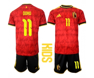 Youth Belgium #11 DOKU National Team FIFA x World Cup 2026 Home Red On Field Kids Jersey