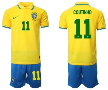 Men's Brazil #11 Coutinho Yellow Home Soccer Jersey Suit