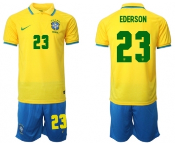 Men's Brazil #23 Ederson Yellow Home Soccer Jersey Suit