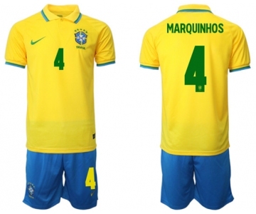 Men's Brazil #4 Marquinhos Yellow Home Soccer Jersey Suit