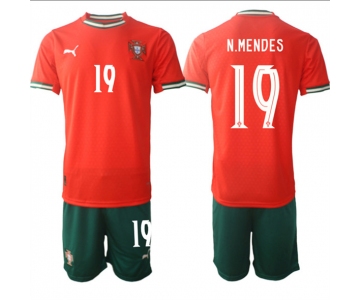 Men's Portugal Team #19 Nuno Mendes 2025 Red Home Soccer Jersey Suit
