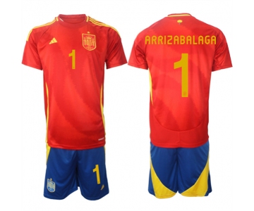 Men's Spain Team #1 Kepa Arrizabalaga 2024-25 Red Home Soccer Jersey Suit