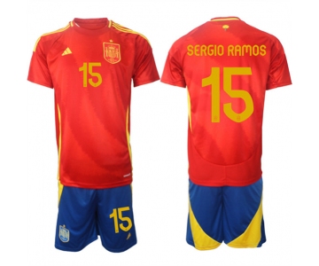 Men's Spain Team #15 Sergio Ramos 2024-25 Red Home Soccer Jersey Suit