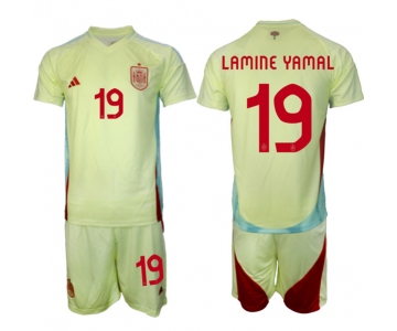 Men's Spain Team #19 Lamine Yamal 2024-25 Yellow Away Soccer Jersey Suit