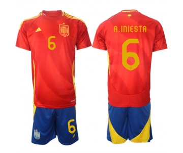 Men's Spain Team #6 Andrés Iniesta 2024-25 Red Home Soccer Jersey Suit