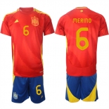 Men's Spain Team #6 Mikel Merino 2024-25 Red Home Soccer Jersey Suit