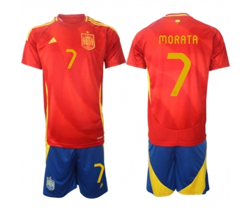 Men's Spain Team #7 álvaro Morata 2024-25 Red Home Soccer Jersey Suit