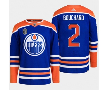 Men's Edmonton Oilers #2 Evan Bouchard Royal 2024 Stanley Cup Final Patch Stitched Jersey