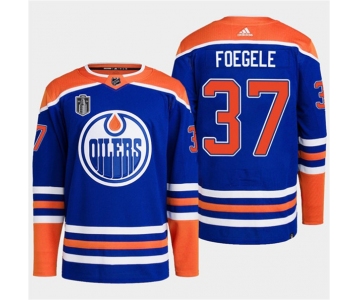 Men's Edmonton Oilers #37 Warren Foegele Royal 2024 Stanley Cup Final Patch Stitched Jersey