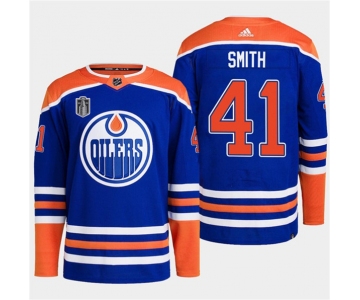 Men's Edmonton Oilers #41 Mike Smith Royal 2024 Stanley Cup Final Patch Stitched Jersey