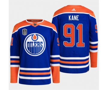 Men's Edmonton Oilers #91 Evander Kane Royal 2024 Stanley Cup Final Patch Stitched Jersey