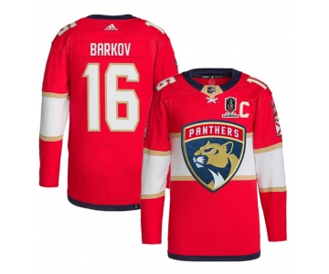 Men's Florida Panthers #16 Aleksander Barkov Red Home 2024 Stanley Cup Champions Stitched Jersey