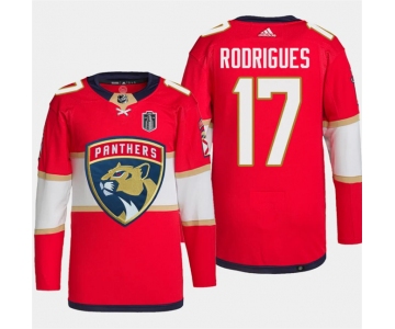Men's Florida Panthers #17 Evan Rodrigues Red 2024 Stanley Cup Final Patch Stitched Jersey