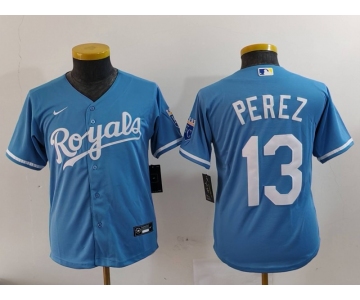 Youth Kansas City Royals #13 Salvador Perez Light Blue Cool Base Stitched Jersey
