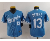 Youth Kansas City Royals #13 Salvador Perez Number Light Blue Cool Base Stitched Jersey
