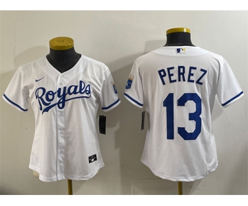 Youth Kansas City Royals #13 Salvador Perez White Cool Base Stitched Baseball Jersey