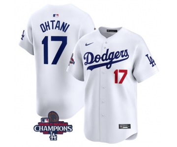 Men's Los Angeles Dodgers #17 Shohei Ohtani White 2024 World Series Champions Home Limited Stitched Baseball Jersey