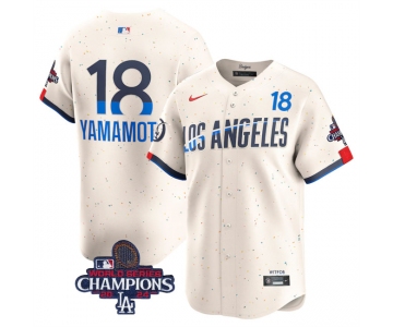 Men's Los Angeles Dodgers #18 Yoshinobu Yamamoto Cream 2024 World Series Champions City Connect Limited Stitched Baseball Jersey