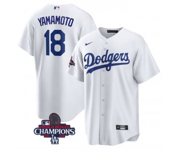 Men's Los Angeles Dodgers #18 Yoshinobu Yamamoto White 2024 World Series Champions Cool Base Stitched Baseball Jersey