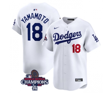 Men's Los Angeles Dodgers #18 Yoshinobu Yamamoto White 2024 World Series Champions Home Limited Stitched Baseball Jersey