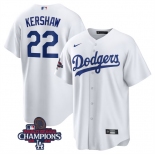Men's Los Angeles Dodgers #22 Clayton Kershaw White 2024 World Series Champions Cool Base Stitched Baseball Jersey