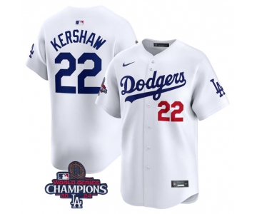 Men's Los Angeles Dodgers #22 Clayton Kershaw White 2024 World Series Champions Home Limited Stitched Baseball Jersey