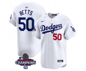 Men's Los Angeles Dodgers #50 Mookie Betts White 2024 World Series Champions Home Limited Stitched Baseball Jersey
