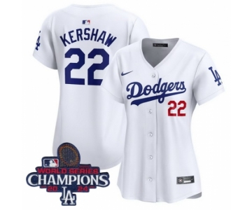 Women Nike Los Angeles Dodgers Clayton Kershaw #22 White Flex Base 2024 World Series Champions Stitched MLB Jersey