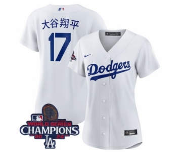 Women Nike Los Angeles Dodgers Shohei Ohtani #17 White Cool Base 2024 World Series Champions Stitched MLB Jersey