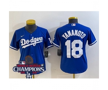 Women Nike Los Angeles Dodgers Yoshinobu Yamamoto #18 Blue Cool Base 2024 World Series Champions Stitched MLB Jersey
