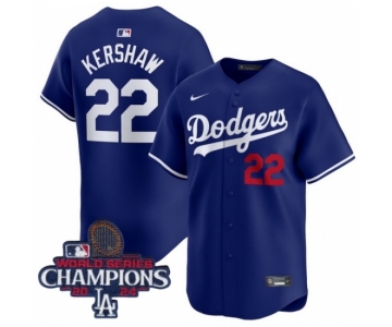 Youth Nike Los Angeles Dodgers Clayton Kershaw #22 Blue Flex Base 2024 World Series Champions Stitched MLB Jersey