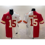 Men's Kansas City Chiefs #15 Patrick Mahomes Red & White Split 2025 Super Bowl LIX Patch Vapor Limited Stitched Football Jersey