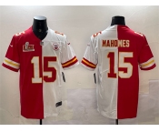 Men's Kansas City Chiefs #15 Patrick Mahomes Red & White Split 2025 Super Bowl LIX Patch Vapor Limited Stitched Football Jersey