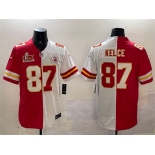 Men's Kansas City Chiefs #87 Travis Kelce Red & White Split 2025 Super Bowl LIX Patch Vapor Limited Stitched Football Jersey