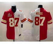 Men's Kansas City Chiefs #87 Travis Kelce Red & White Split 2025 Super Bowl LIX Patch Vapor Limited Stitched Football Jersey