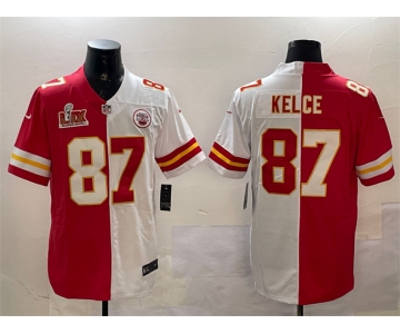 Men's Kansas City Chiefs #87 Travis Kelce Red & White Split 2025 Super Bowl LIX Patch Vapor Limited Stitched Football Jersey