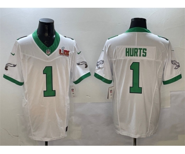 Men's Philadelphia Eagles #1 Jalen Hurts White 2025 Super Bowl LIX Patch F.U.S.E. Vapor Untouchable Limited Stitched Football Jersey