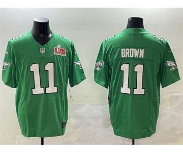 Men's Philadelphia Eagles #11 A.J. Brown Green 2025 Super Bowl LIX Patch F.U.S.E. Throwback Vapor Untouchable Limited Stitched Football Jersey