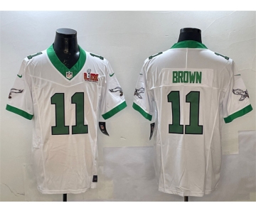 Men's Philadelphia Eagles #11 A.J. Brown White 2025 Super Bowl LIX Patch F.U.S.E. Vapor Untouchable Limited Stitched Football Jersey