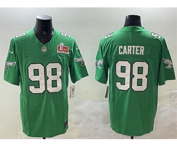 Men's Philadelphia Eagles #98 Jalen Carter Green 2025 Super Bowl LIX Patch F.U.S.E. Throwback Vapor Untouchable Limited Stitched Football Jersey