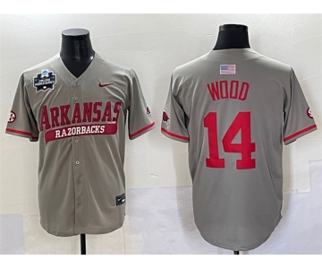 Men's Arkansas Razorbacks #14 Gage Wood Grey 2025 World Series & SEC Patch Stitched Jersey
