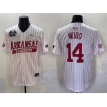Men's Arkansas Razorbacks #14 Gage Wood White Pinstripe 2025 World Series & SEC Patch Stitched Jersey Men's Arkansas Razorbacks #14 Gage Wood White Pinstripe 2025 World Series & SEC Patch Stitched Jersey