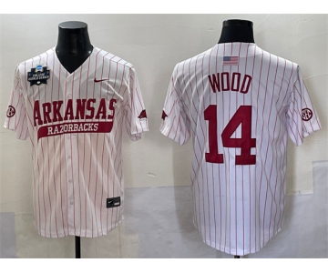 Men's Arkansas Razorbacks #14 Gage Wood White Pinstripe 2025 World Series & SEC Patch Stitched Jersey