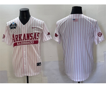 Men's Arkansas Razorbacks Blank White Pinstripe 2025 World Series & SEC Patch Stitched Jersey
